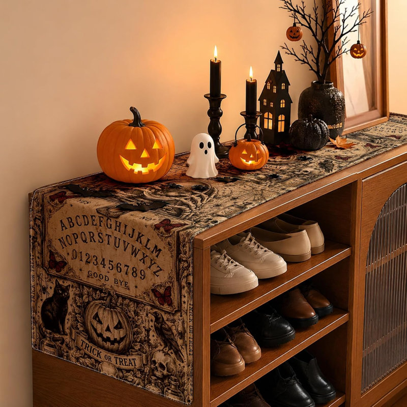 Chemin de table d'Halloween, nappe rétro vintage à motif de crâne gothique pour la fête des morts, décorations d'Halloween pour la maison, dimensions : 33 x 183 cm, polyester