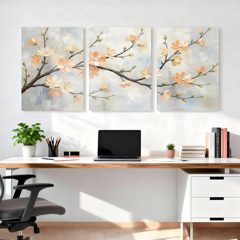 Ensemble de 3 tableaux muraux sur toile à motifs floraux de fleurs de cerisier, pour la décoration du salon et de la chambre.