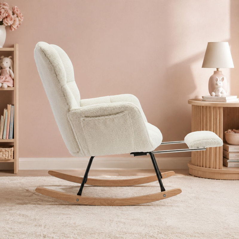Chaise berçante moderne en sherpa avec repose-pieds rétractable et dossier haut, Blanc, crème