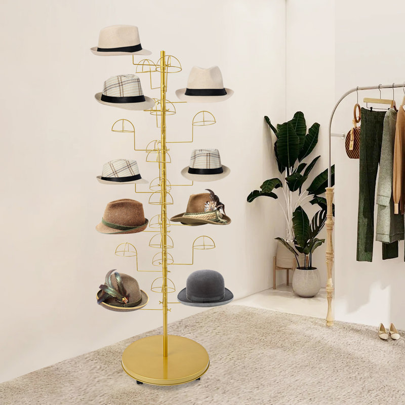 Organisateur de chapeaux vertical moderne à 25 crochets avec roulettes, manteau en acier au carbone robuste et arbre d'entrée