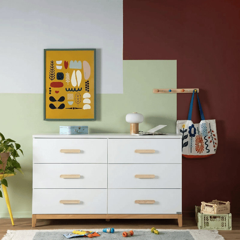 dadada LaLa 6 Drawer Dresser for Nursery - Modern Design, Deep Drawers, Baby-Safe Finish, Anti-Tip Safety, Durable Construction, Extra Wide 55” Dresser (White/Natural)