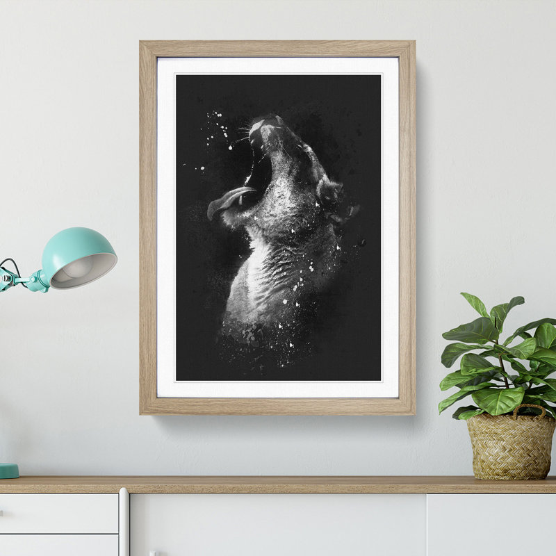 Yawning Lioness - Picture Frame Graphic Art Print, 63cm H x 45cm W x 2cm D, Oak Framed