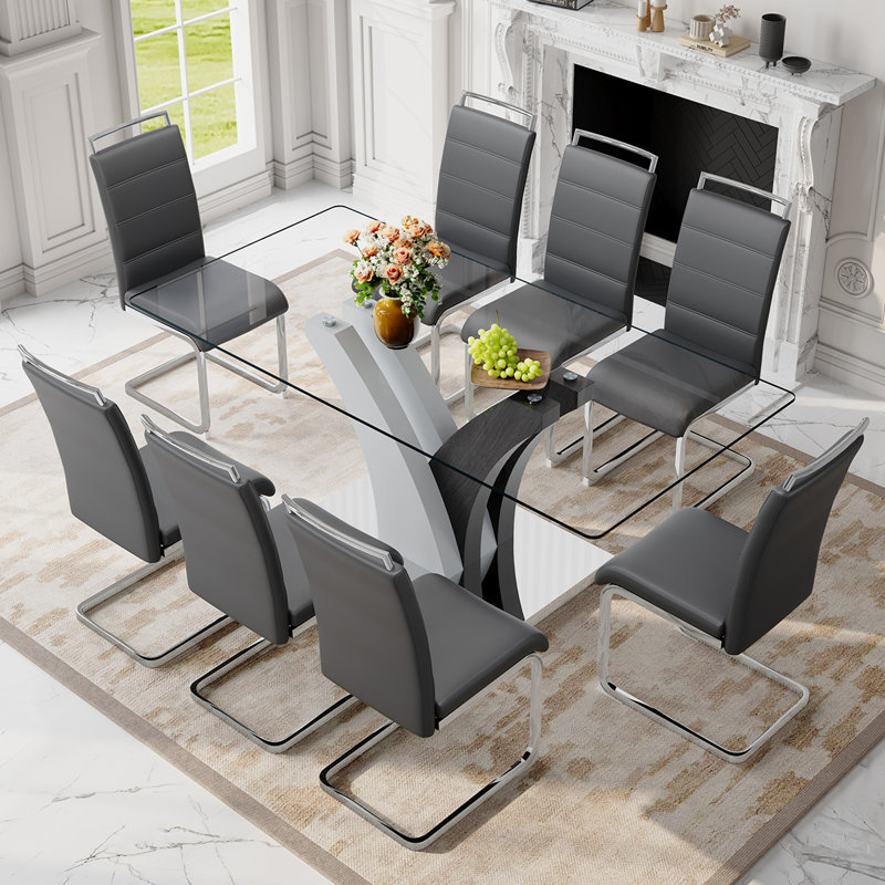 Modern Dining Table Set，Stylish Table with Comfortable Dining Chairs, 9 Pieces: Table, 8 Chairs, Grey