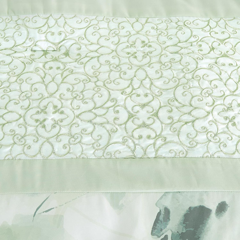 Allery Floral Botanical Embroidered Comforter Set, White/Soft Green, Full Comforter  + 6 Additional Pieces