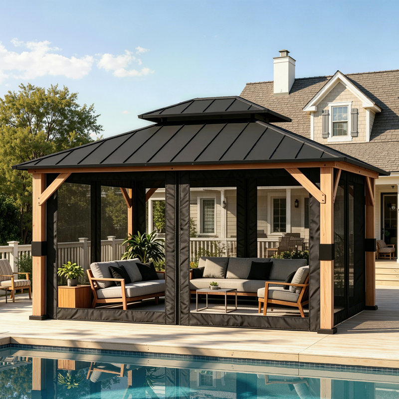 Pavillon de jardin permanent en métal L 11 pi. X P 11 pi. D Pavillon de jardin à toit double avec toit en acier galvanisé, pergola extérieure en bois massif avec filet en maille pour terrasse et cour