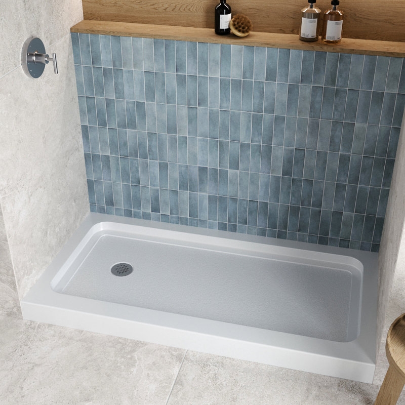 Base de douche 60 po x 30 po en alcôve en acrylique blanc brillant avec bonde gauche, bonde incluse, Blanc lustré