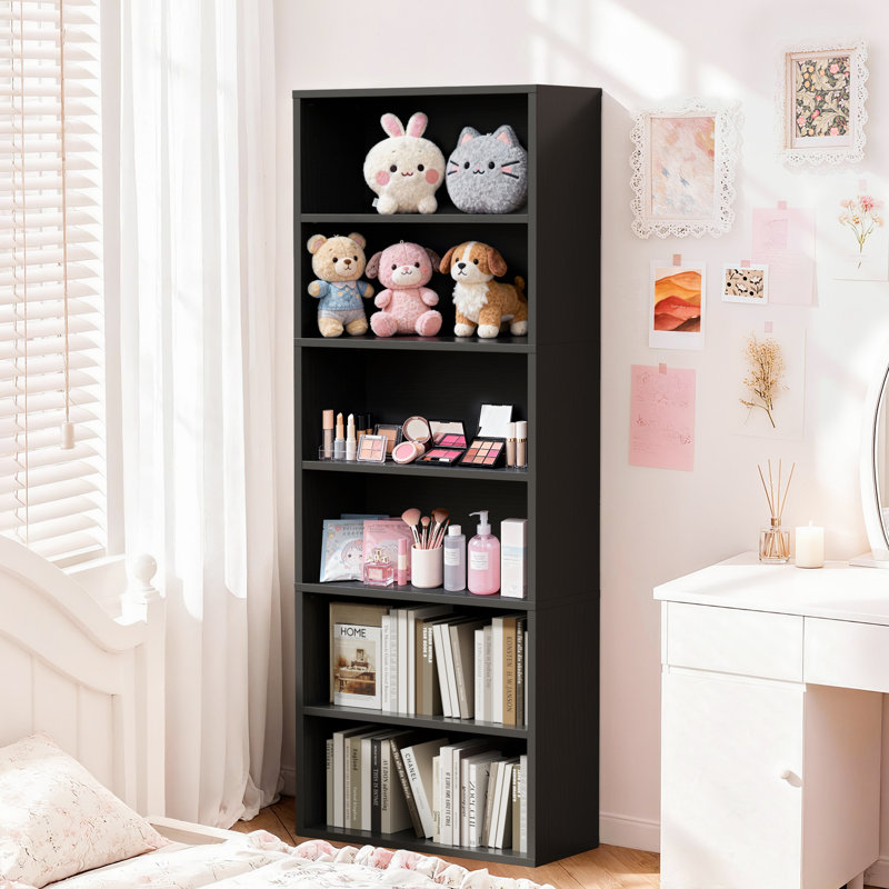 6‑Tier Freestanding Corner Bookshelf, Open Storage Shelf Bookcase for Home Office, Living Room, Black