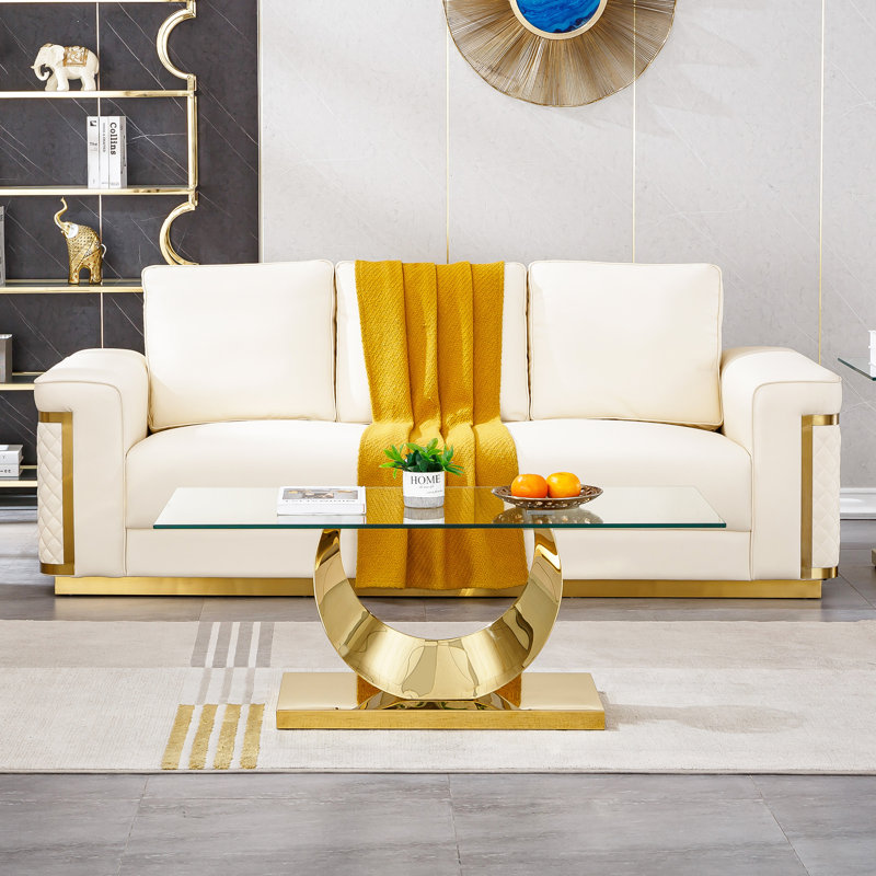 Luxury Glass Coffee Table, 47.25" Sofa Coffee Table with Moon-Shape Stainless Steel Frame and Clear Glass Top, Modern Rectangular Cocktail Table for Living Room