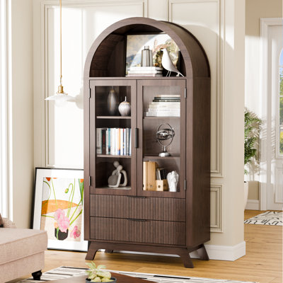 Armoire de rangement arquée de 73 po de hauteur avec portes en verre et tiroirs à persiennes, vitrine avec poignées en métal pour le salon ou le bureau