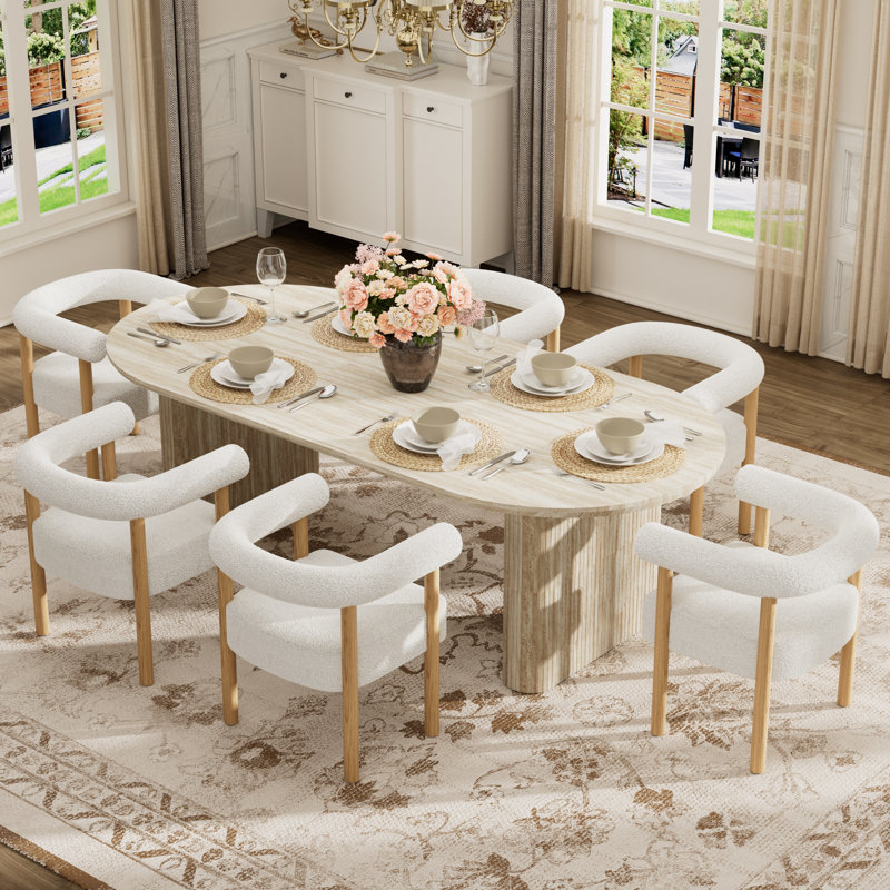 Ensemble de table de salle à manger extensible ovale en panneau de fibres à densité moyenne blanc cassé avec chaises 4/6/8 en molleton blanc, conception à deux piliers, longueur réglable, pour la salle à manger et le salon