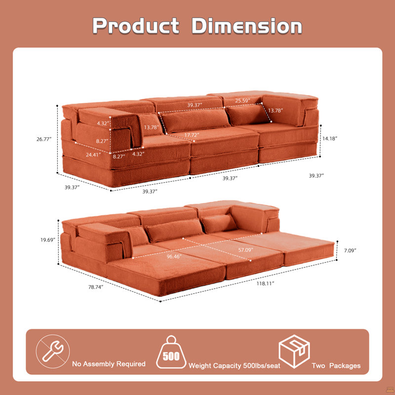 Compression Mahjong Sofa,Convertible Floor Sofa Bed,DIY Boneless Modular Sectional Sofa,No Assembly Required, Orange Fabric