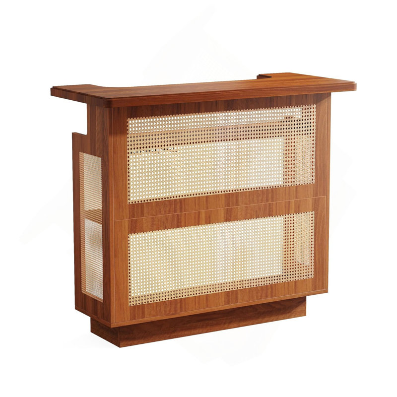47.24 Inches Farmhouse Caramel Brown Rattan Home Bar Unit, 4-Tier Liquor Cabinet with Stemware Racks for Living room