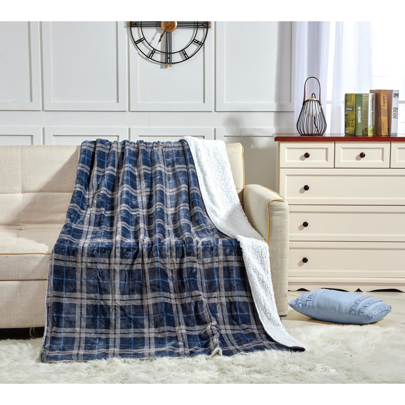 Jeté réversible en tissu écossais, Bleu / gris
