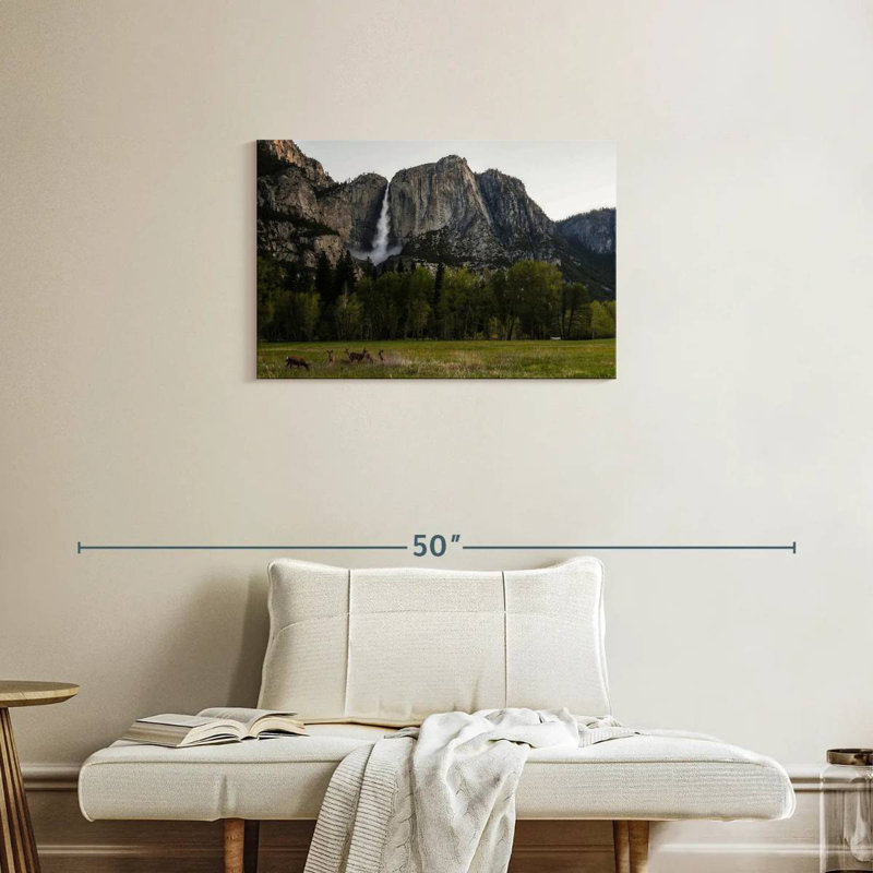 Cerf contre les chutes de Yosemite, H 20 po x l 30 po