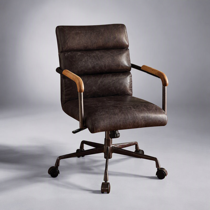 Fauteuil de bureau Harith en cuir pleine fleur couleur ardoise antique, avec fonction de chauffage et de massage par vibration, réglages ajustables et fonction inclinable.