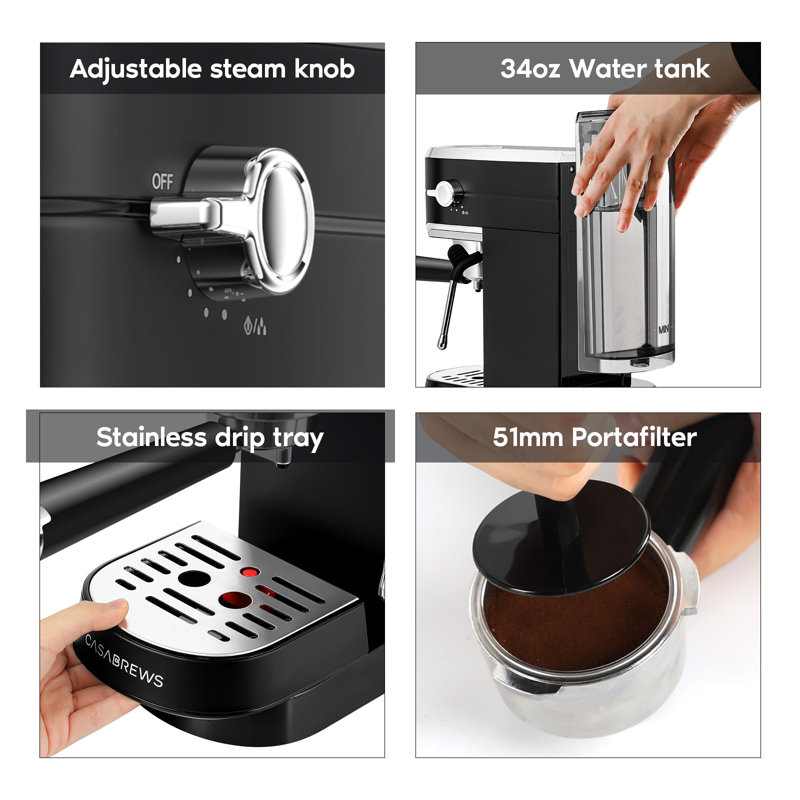 Casabrews Black Stainless Steel Automatic Espresso Machine with Steam Wand