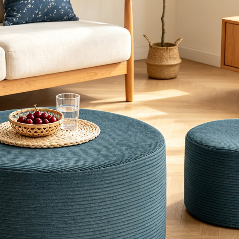 Ensemble de repose-pieds rond 2 pièces pour le salon, repose-pieds en velours côtelé moderne avec mousse haute densité (ensemble de 2)