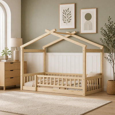 Cadre de lit cabane en bois avec barrière pour enfants, adolescents, filles et garçons