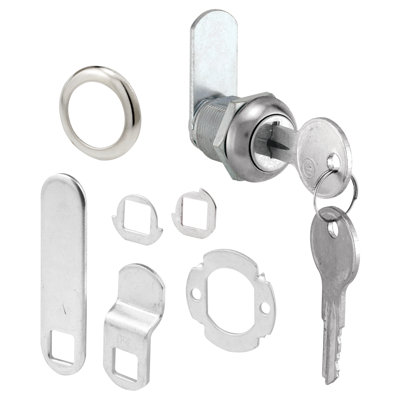 Prime-Line Diecast Drawer and Cabinet Lock, 3 Cams, Trim Collar, 2 Washers, 2 Keys and Fasteners, 5/8 Length for 5/16 Max Panel Thickness, Stainless Steel (Set of 1)