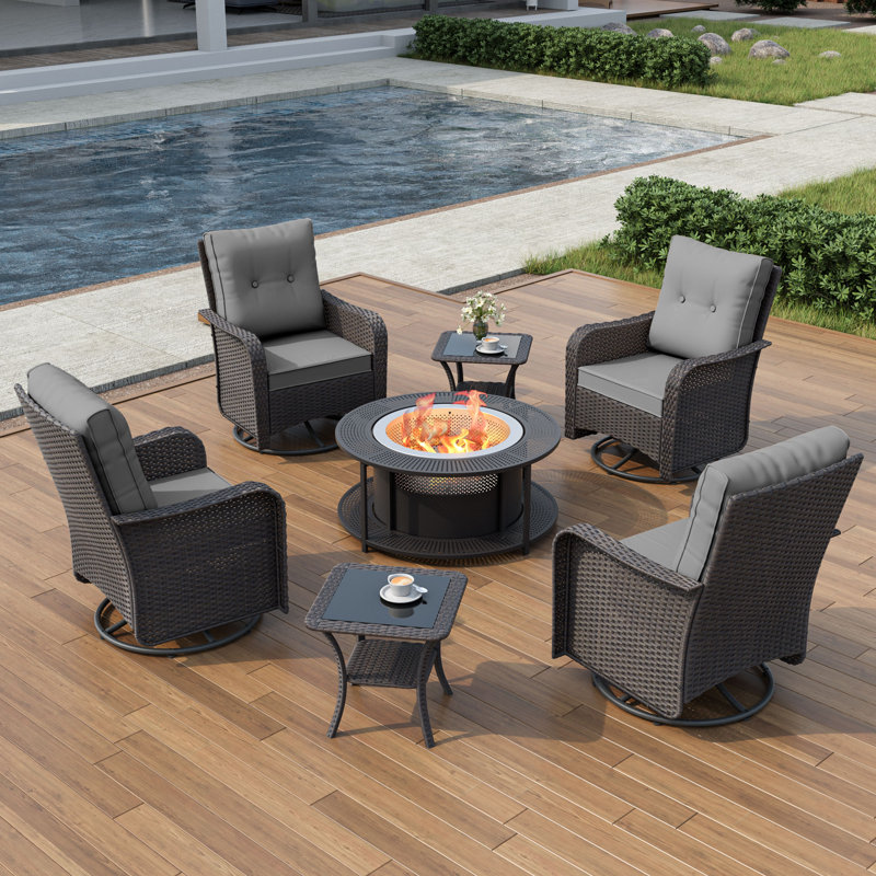 Elyes 4-Person Rocking Swivel Rattan Chair Set With Coffee Table And Outdoor Smokeless Fire Pit, Gray