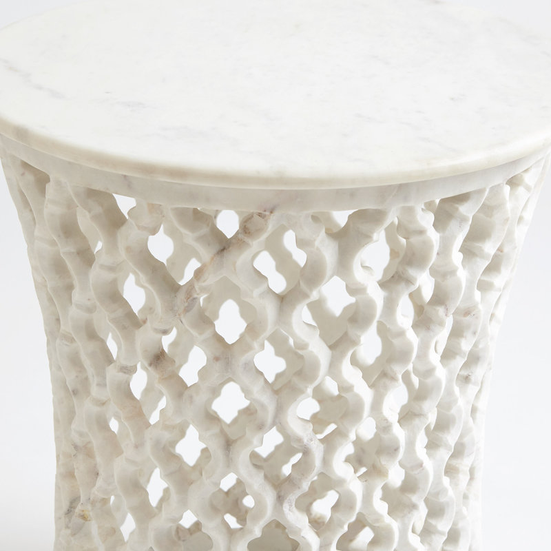 Exotic Arabesque Round Marble & Wood Side Table - 17"