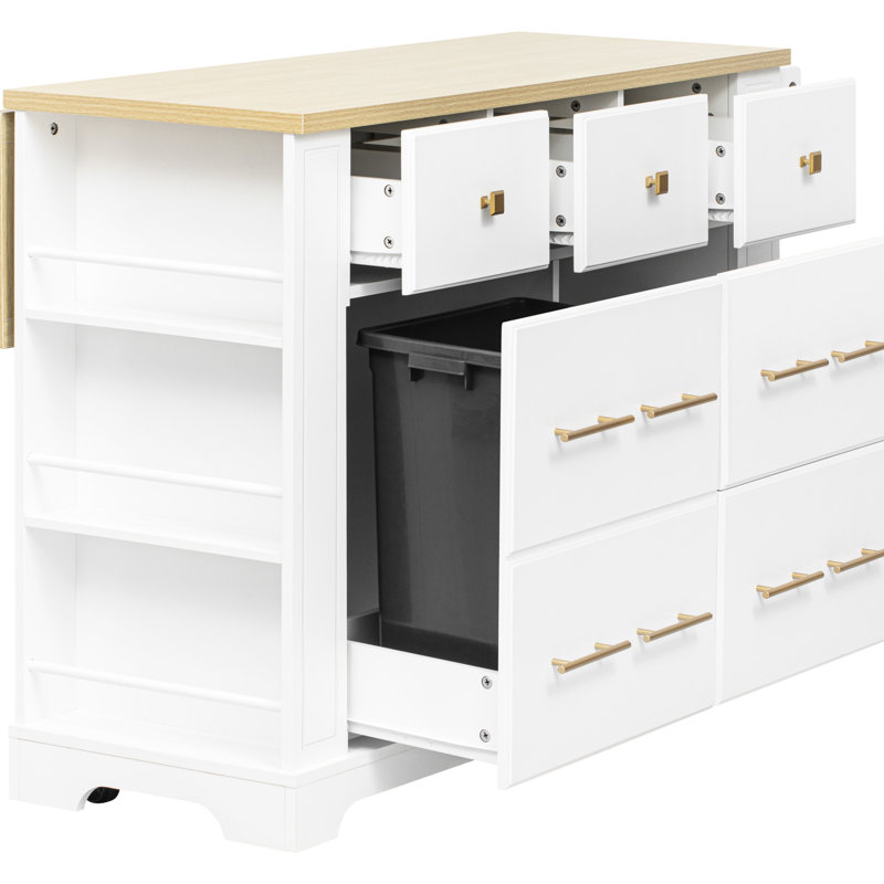 Îlot de cuisine avec 6 tiroirs K&K, rangement pour poubelle escamotable, îlot de cuisine sur roulettes avec abattant, prise de courant, 5 tablettes latérales ouvertes pour la cuisine, la salle à manger