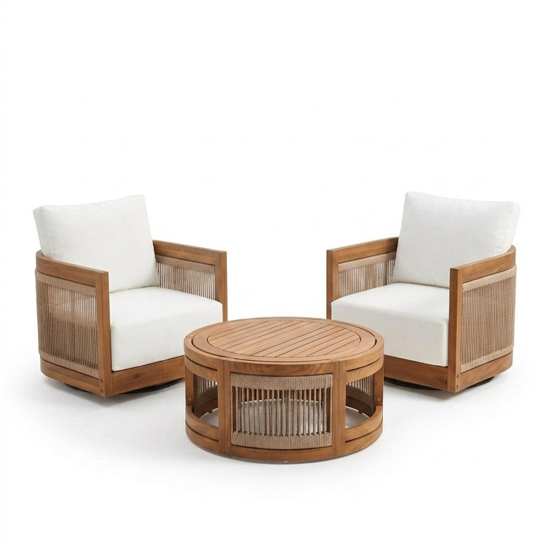 Ensemble de conversation en bois d'acacia Helix Modern Coastal, 3 pièces: table, 2 chaises pivotantes, Beige