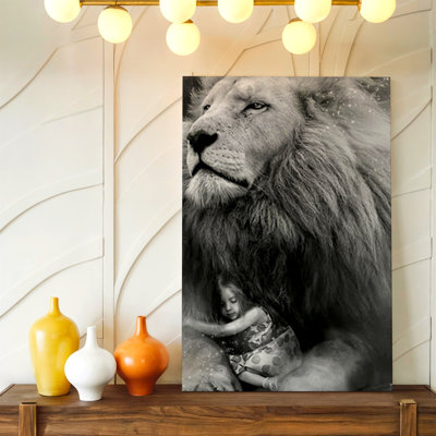 Reproduction d'art sur toile, art noir et blanc avec un lion endormi