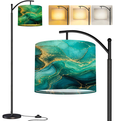  Lampe sur pied Arc noir vert aquarelle paillettes dorées Aquarelle encre d'alcool éclaboussures Grand lampadaire moderne DEL Abat-jour réglable en lin 3 températures de couleur