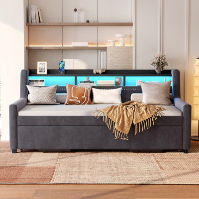 Twin Size Daybed With Trundle, Upholstery Daybed With LED Light And Charging Station, Velvet Daybed With Wood And Metal Frame