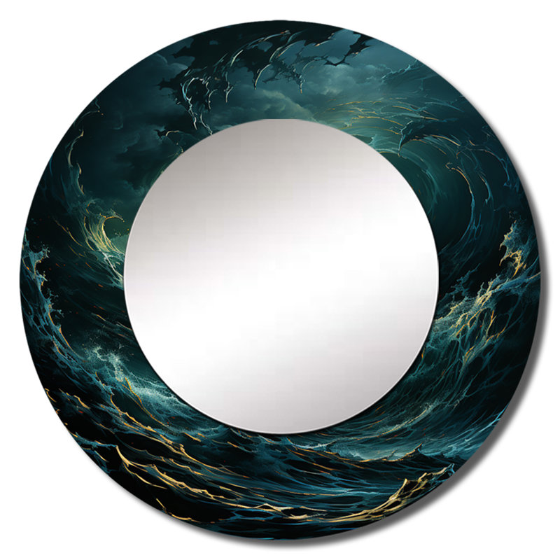 Blue Fury Waves Spiral - miroir mural abstrait en spirale, miroir décoratif rond moderne, impression d'art en métal