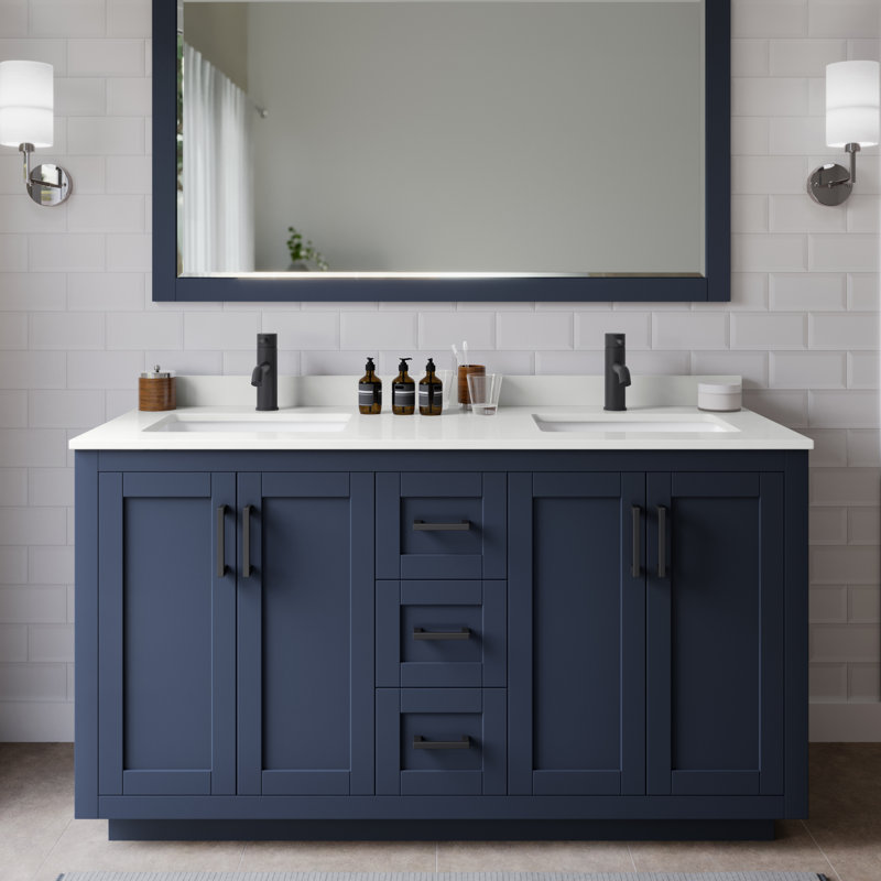 Miranda 60" Freestanding Double Bathroom Vanity with Quartz Top with 58" Mirror, White Quartz, Dark Blue, Matte Black