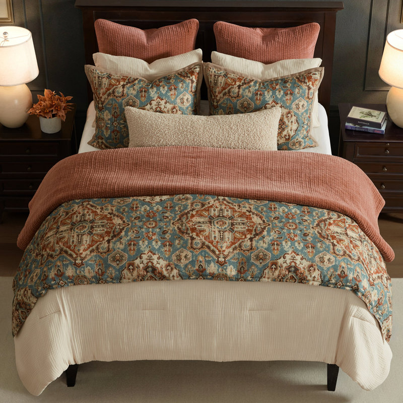 Carmen Taupe Linen Medallion Pattern Classic Modern Rustic Duvet Cover Set, Queen Duvet Cover + 2 Standard Shams, Teal