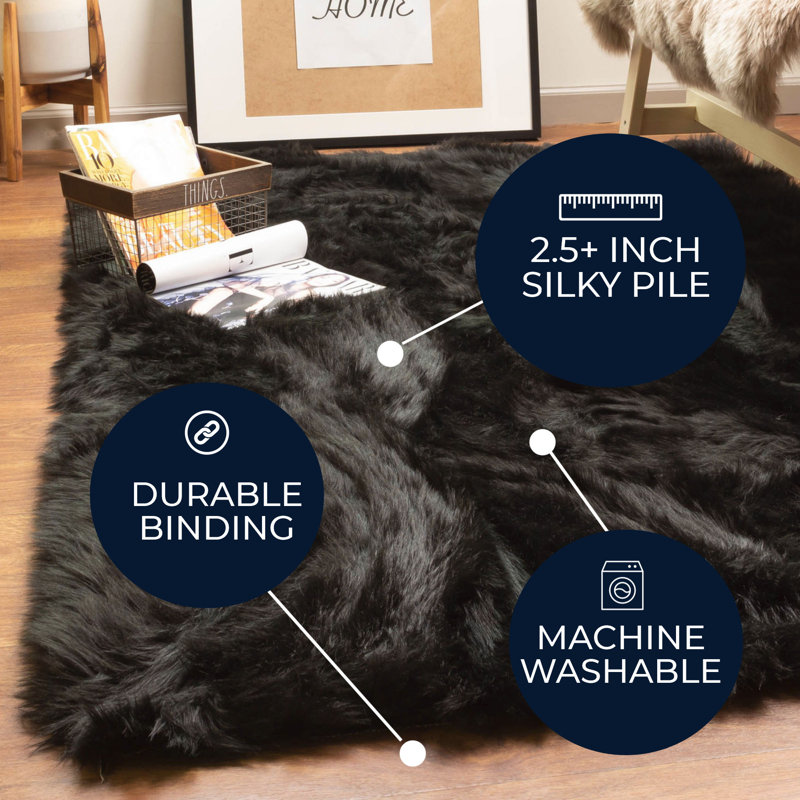 Diller Black Faux Fur Machine Washable Shag Fluffy Area Rug, Rectangle 2' x 3'