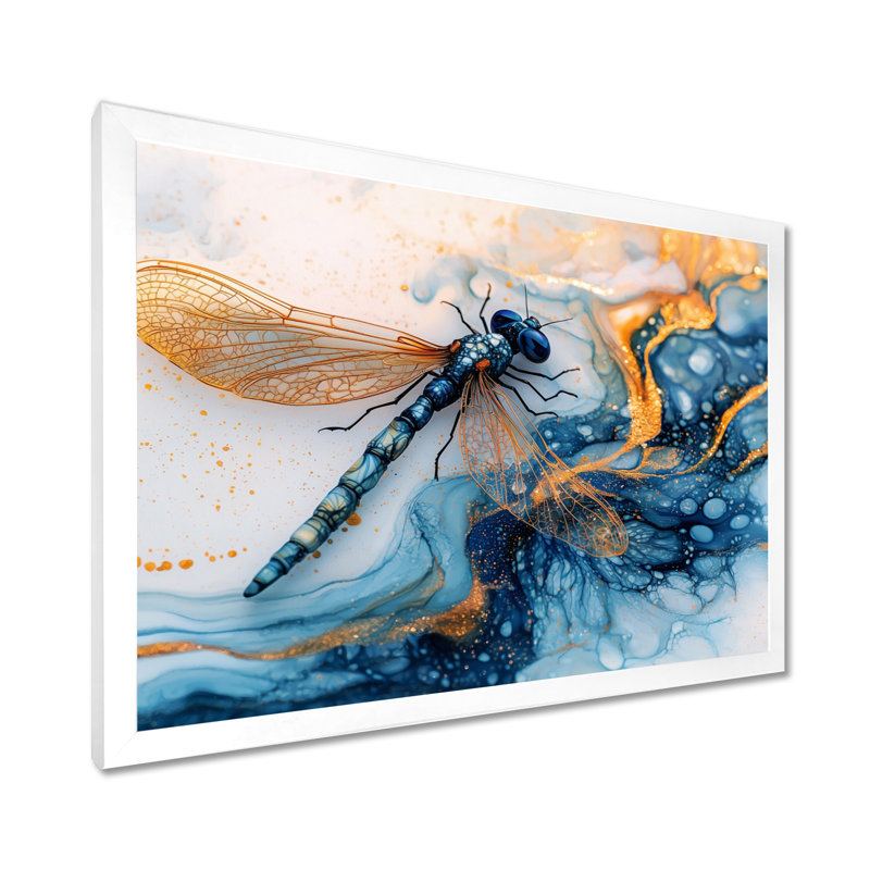 Décoration murale moderne libellule turquoise Serenade IV - Libellule, H 24 po x l 32 po, Avec cadre, Blanc
