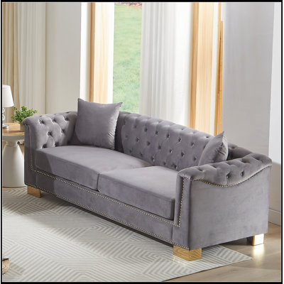 Canapé Chesterfield classique classique avec accoudoirs roulés et nuages décoratifs à pampilles en velours pour les salons, les chambres et les appartements, gris