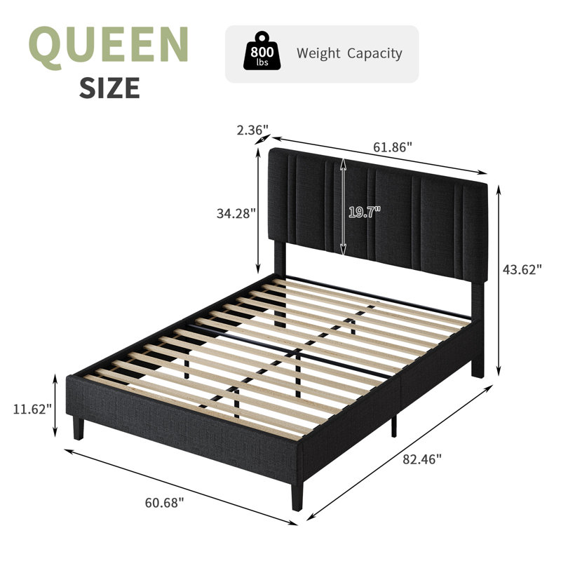 Tufted Headboard, Upholstered Platform Beds with Wooden Slats Support, Fabric Bed Frame, Black, Queen