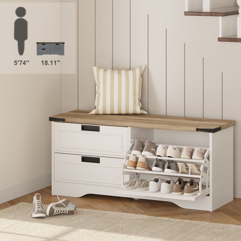 Guinna Farmhouse Entryway Bench, Wood Shoe Storage Bench With Flip Drawer, Enter Way Bench Shoe Cabinet Organizer, Hidden Shoe Rack Bench For Living Room Hallway