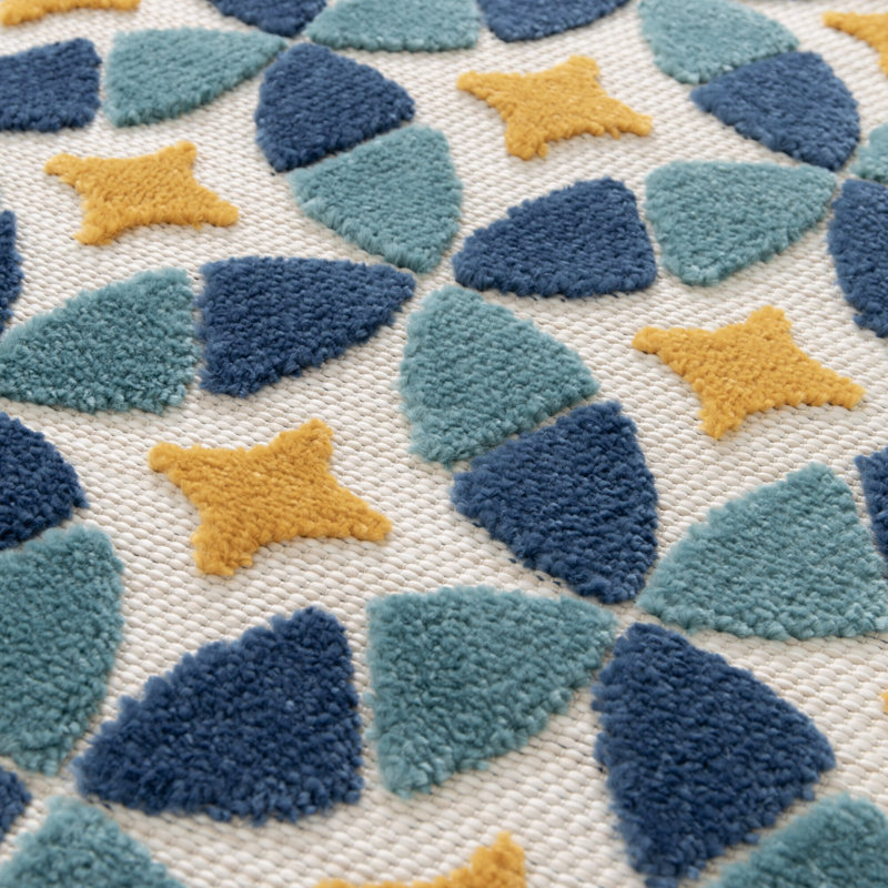 Grubb Geometric Machine Woven Relief Indoor Outdoor Petrol Area Rug, Rectangle 123 x 170cm