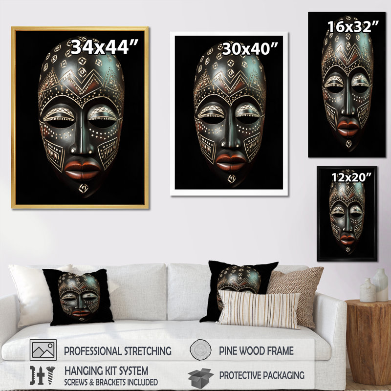 «Ethnical Traditional African Mask XXI», reproduction sur toile, H 44 po x l 34 po x P 1,5 po, Cadre photo noir