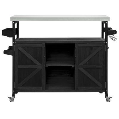 Îlot de cuisine extérieur, chariot à roulettes et armoire de rangement, table de barbecue d'extérieur en bois massif avec plateau en acier inoxydable, support à épices, porte-serviettes pour la cuisine et le barbecue