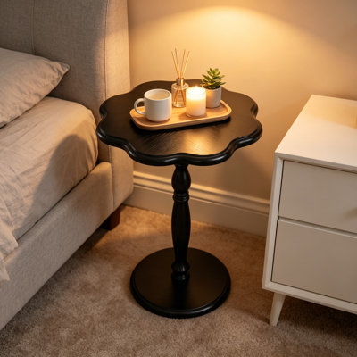 Mid-Century Modern Black Round Side Table with 8-Scalloped Top, Solid Wood Legs, Compact Accent Nightstand for Small Spaces, Easy Assembly, 22-Inch Tall Drink Table for Living Room