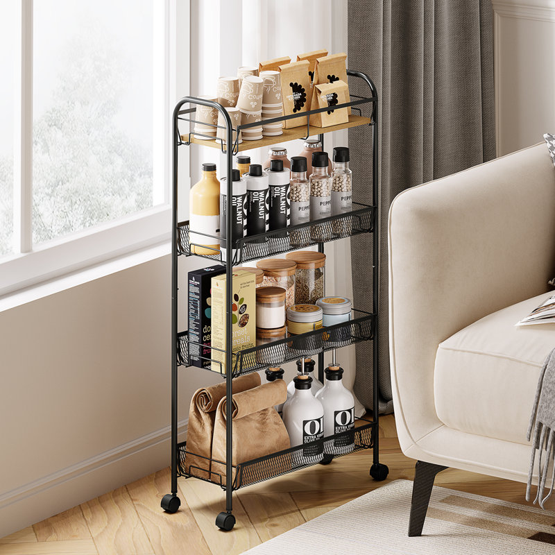 4 Tier Rolling Cart,Metal Cart,Utility Cart with Wheels,Bathroom Cart,Salon Trolley Cart,Kitchen Storage Cart, Black