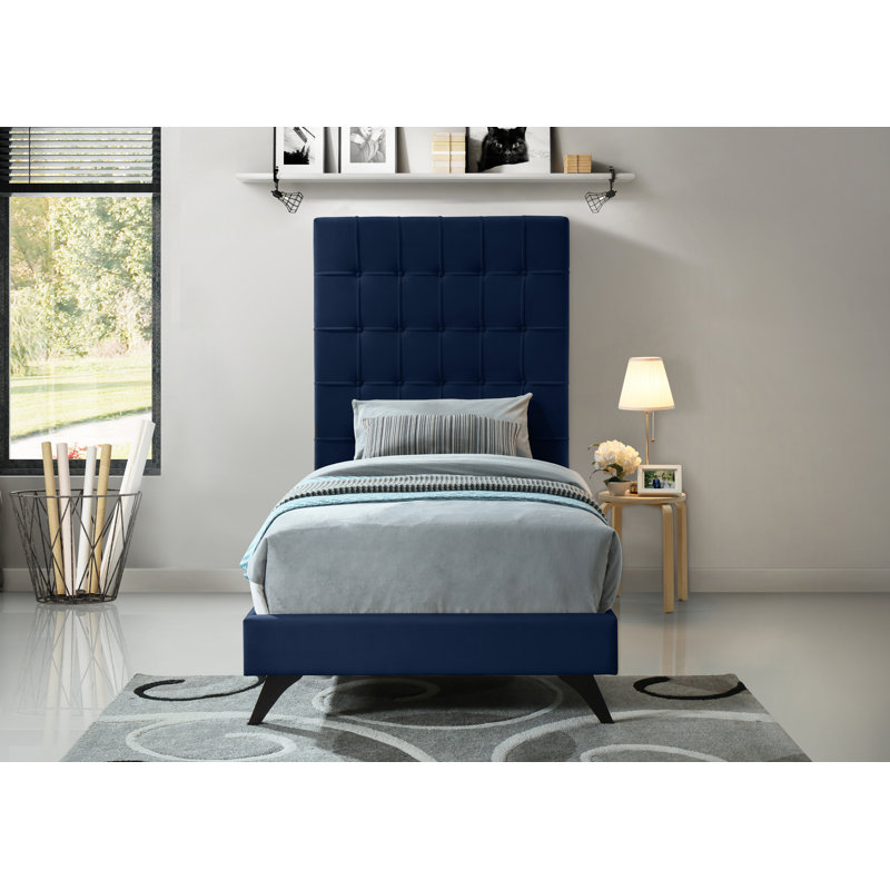 Lit plateforme tapissier Elly, Lit simple, Velours marine