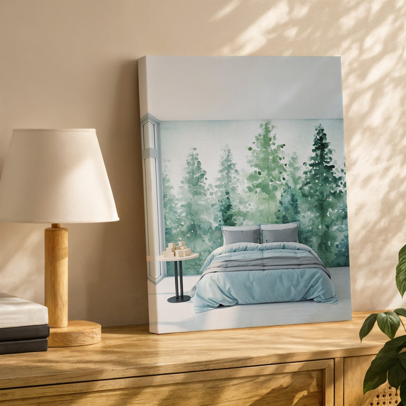 Toile une scène de chambre à coucher sereine avec un lit douillet à profil bas orné d'une literie bleu clair doux et un tableau d'art mural sur toile parfait