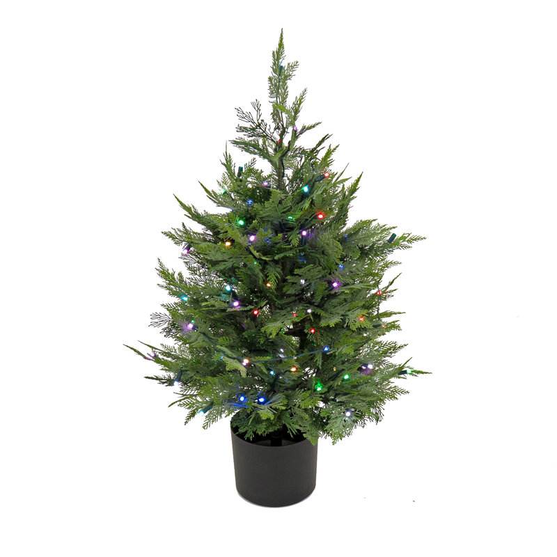 3 ft Prelit Artificial Cypress Tree with 100 Multi-Function LED Lights, Realistic Fake Tree Potted Plant, Matte Black Nursery Pot
