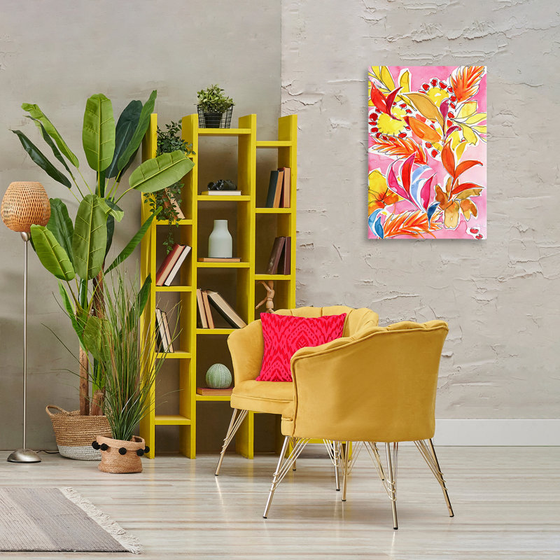 "Orange Botanicals" sur toile rose par Victoria Barnes, H 30 po x l 20 po
