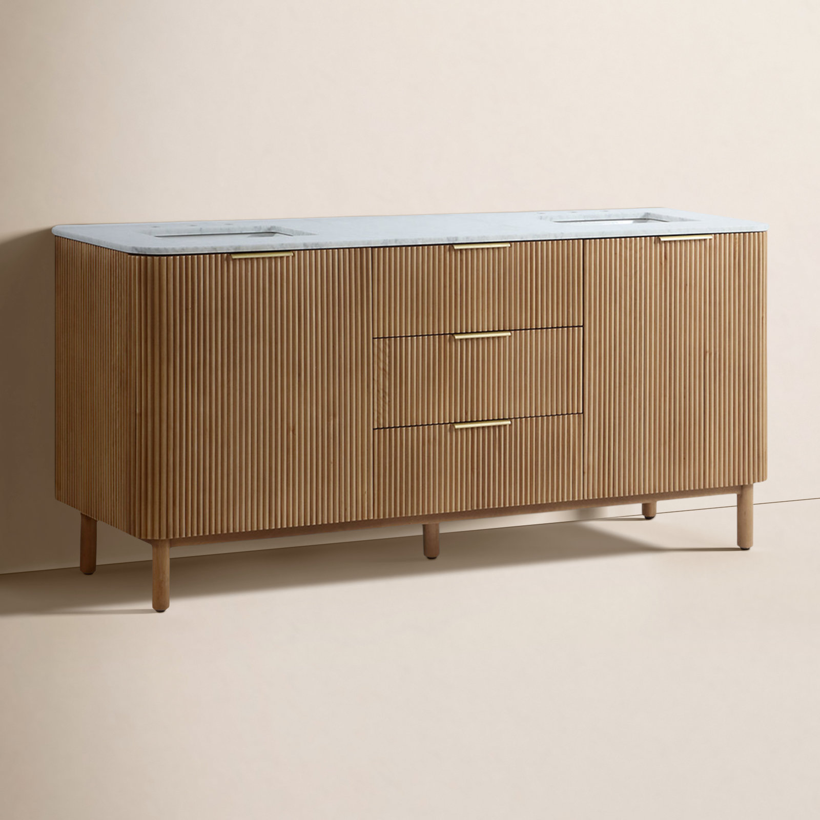 Nova 72" Carrara Marble Double Bathroom Vanity, Reeded Birch
