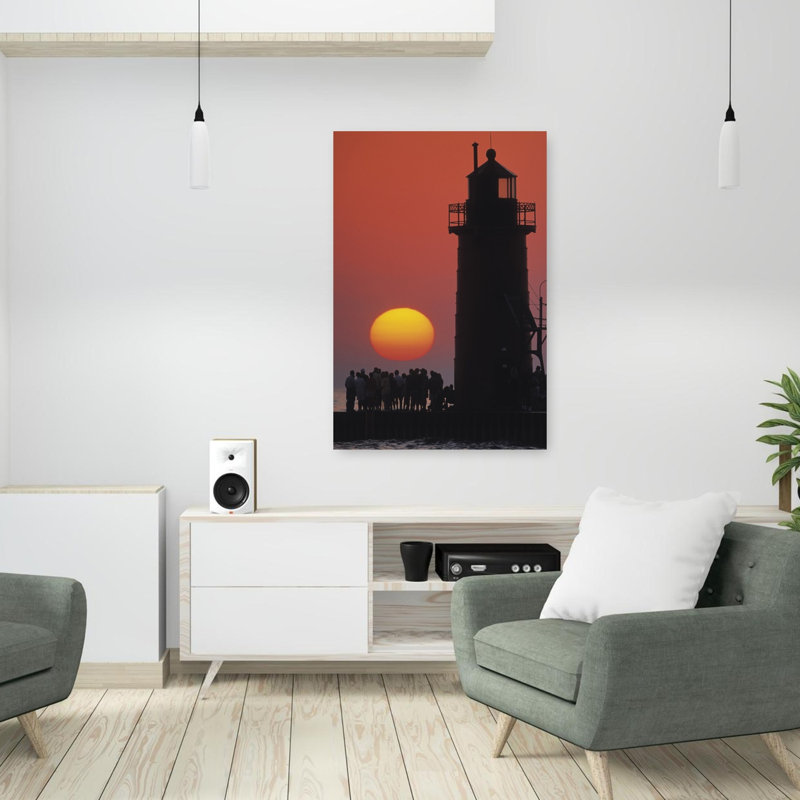 Tourists at South Haven Lighthouse during sunset South Haven Michigan USA 1 Piece Wrapped Canvas Wall Art