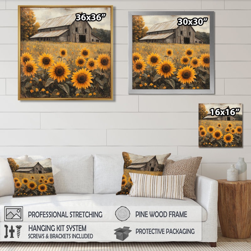 Donard tournesols par la vieille grange en bois II - tournesols, art mural, Impression encadrée flottante sans passe-partout